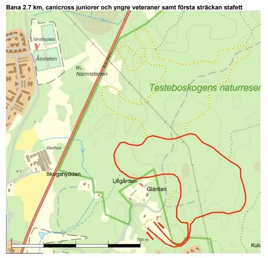 Bana 2.7 km, canicross juniorer och yngre veteraner samt första sträckan stafett