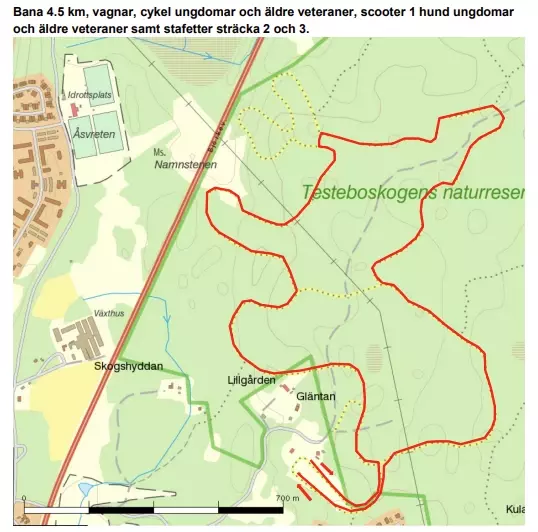 Bana 4.5 km, vagnar, cykel ungdomar och äldre veteraner, scooter 1 hund ungdomar och äldre veteraner samt stafetter sträcka 2 och 3